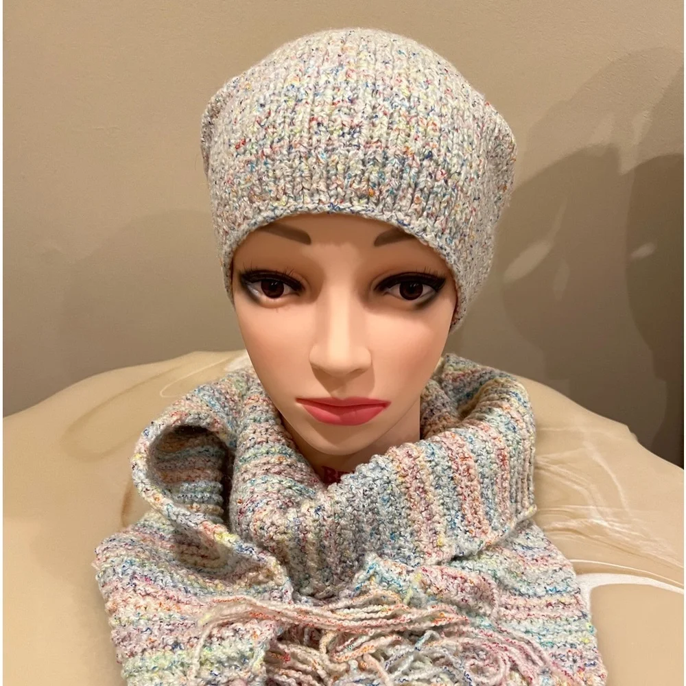 Handmade Knit Women's Hat and Scarf Set Multi-Color Pastel Confetti Winter Warm